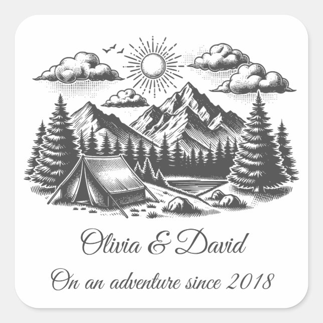 Vintage landscape drawing for wedding square sticker (Front)