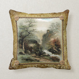 Vintage Landscape on a Grunge Brocade Background Throw Pillow