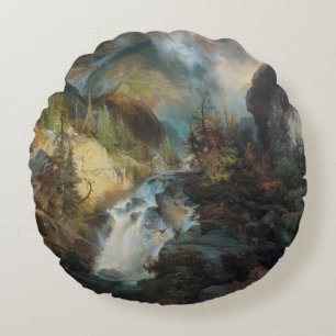 Vintage Landscape Waterfall in Mountains by Moran Round Pillow