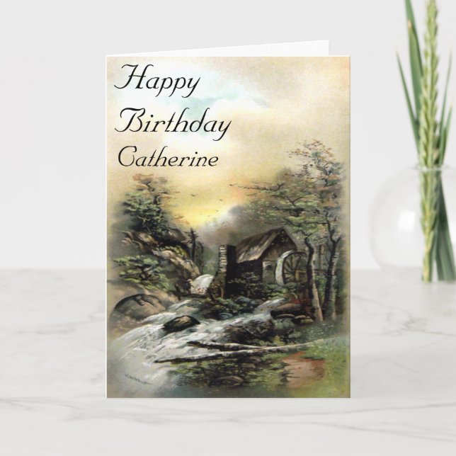 Vintage Landscape Watermill Birthday Card (Front)