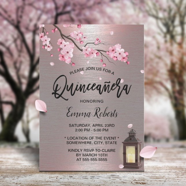 Vintage Lantern Cherry Blossom Floral Quinceanera Invitation (Creator Uploaded)