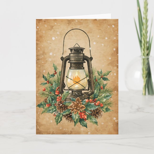 Vintage lantern holly pine rustic festive warm  card (Front)