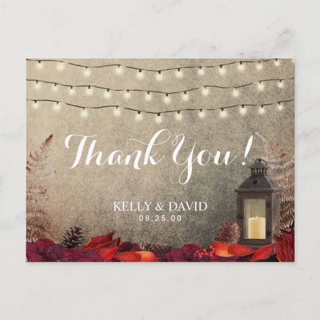 Vintage Lantern & Leaves Fall Wedding Thank You Postcard (Front)