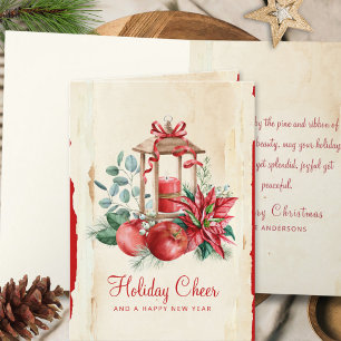 Vintage Lantern & Poinsettia Floral Christmas Holiday Card