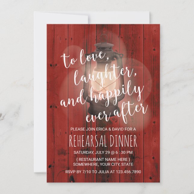 Vintage Lantern Red Barn Wood Rehearsal Dinner Invitation (Front)