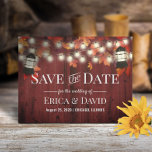 Vintage Lantern Red Fall Wedding Save the Date Announcement Postcard<br><div class="desc">Rustic Lantern Red Barn Wood Fall Wedding Save the Date Announcements.</div>