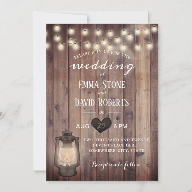Vintage Lantern Rustic Barn Wood Wedding Invitation (Front)