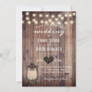 Vintage Lantern Rustic Barn Wood Wedding Invitation