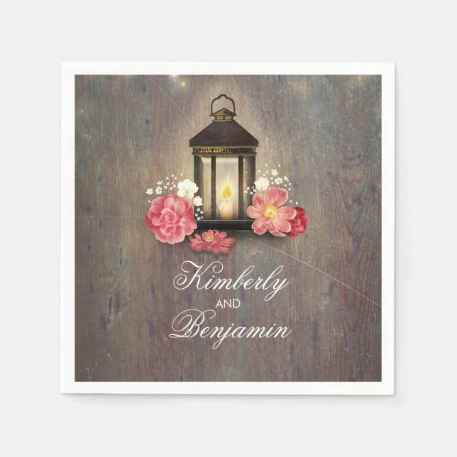 Vintage Lantern Rustic Barn Wood Wedding Napkin (Front)