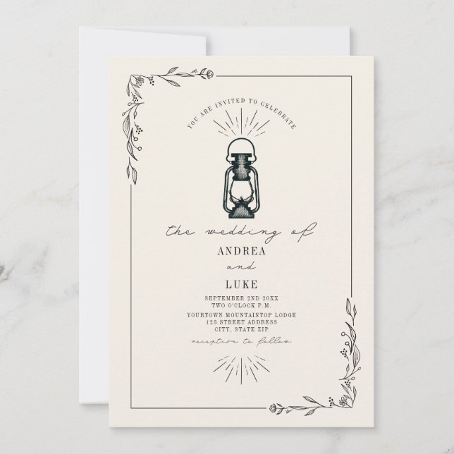 Vintage Lantern Rustic Botanical Wedding Invitation (Front)