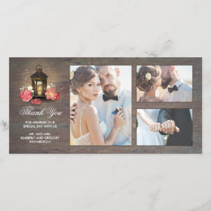 Vintage Lantern Rustic Floral Wood Wedding Thank You Card