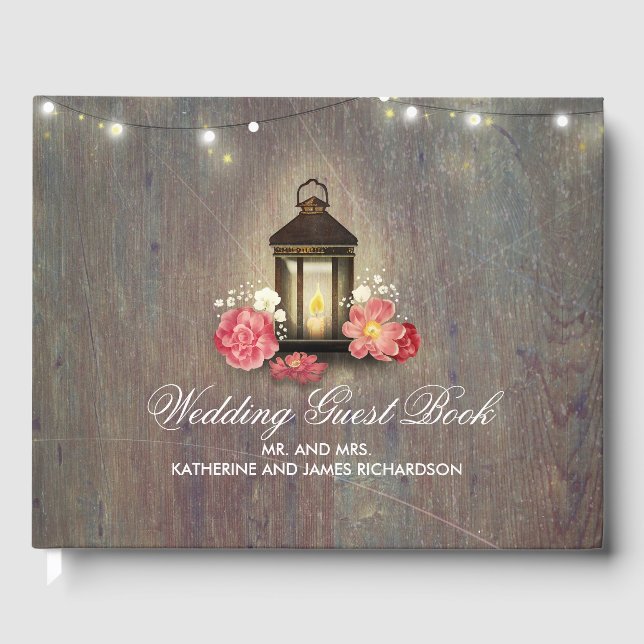 Vintage Lantern Rustic Wood Barn Wedding Guest Book (Front)