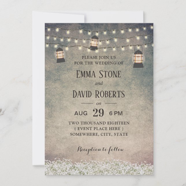 Vintage Lantern & String Lights Rustic Wedding Invitation (Front)