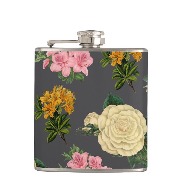 Vintage Large Rose Floral Moody Dark Grey Hip Flask (Front)