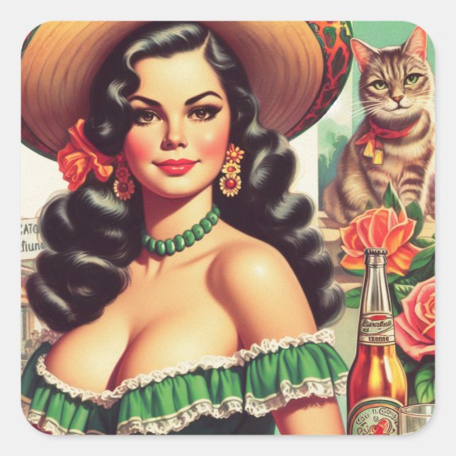 Vintage Latina Illustration Square Sticker (Front)