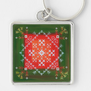 Vintage Latvian folk art with symbols oil painting Keychain