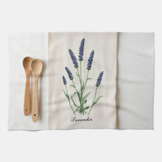 Vintage Lavender Botanical Watercolor Linen Kitchen Towel