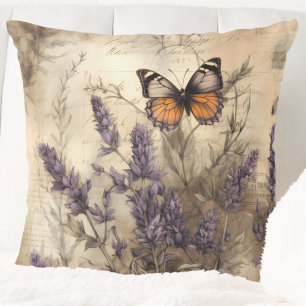 Vintage Lavender Butterfly Illustration Throw Pillow