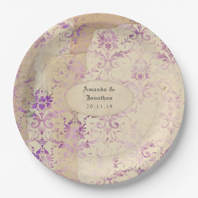 Vintage Lavender Damask Wedding Paper Plate (Front)