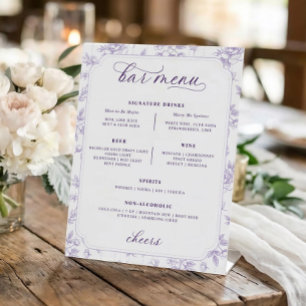 Vintage Lavender Floral Toile Bar Menu Wedding Pedestal Sign