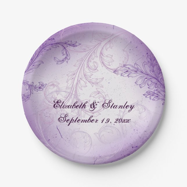Vintage lavender purple scroll leaf wedding paper plate (Front)