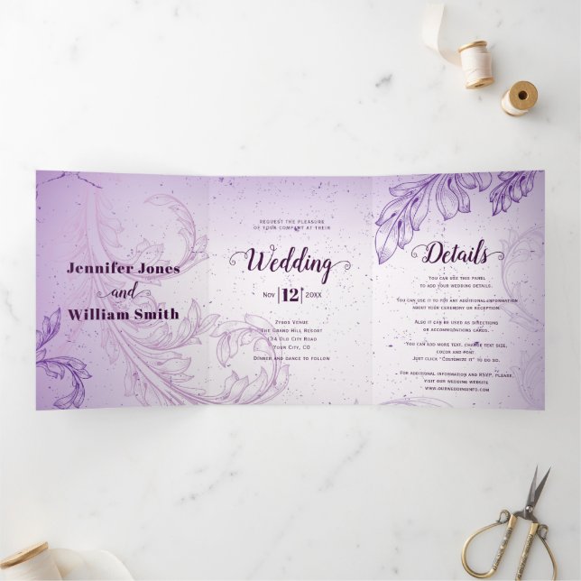 Vintage lavender purple scroll leaf wedding Tri-Fold invitation (Inside)