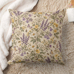Vintage Lavender & Wildflower Meadow Pattern Throw Pillow