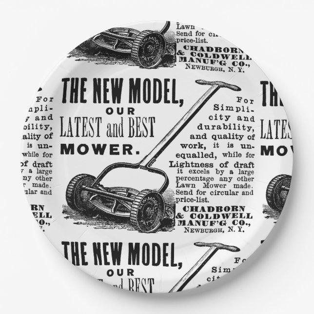 Vintage lawn mower advert paper plate (Front)
