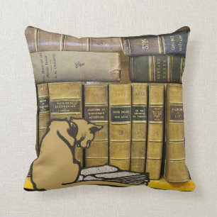 Vintage Leadhills Miners Library Cat Reading Book Throw Pillow