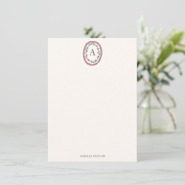 Vintage Leaf Pink Monogram Personalized Stationery Card (Standing Front)