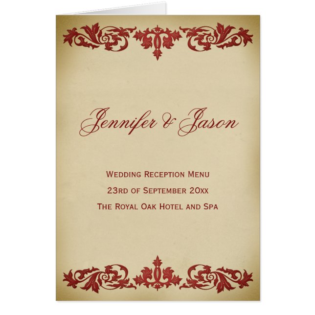 Vintage Leaf Scroll Style Wedding Menu in Burgundy (Front)