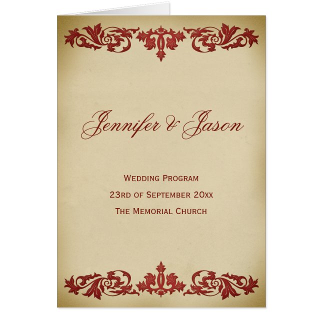 Vintage Leaf Scroll Wedding Program in Burgundy (Front)