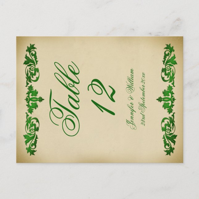 Vintage Leaf Scroll Wedding Table Number Postcard (Front)