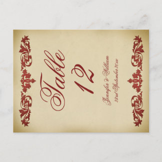 Vintage Leaf Scroll Wedding Table Number Postcard