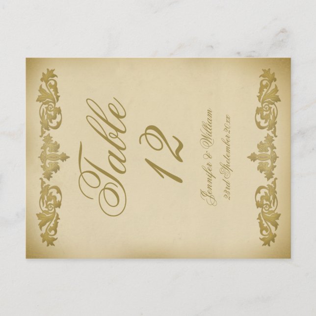 Vintage Leaf Scroll Wedding Table Number Postcard (Front)