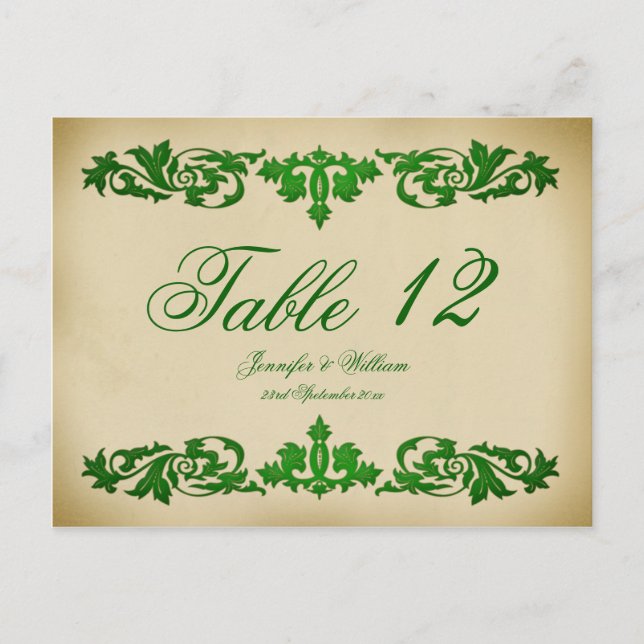 Vintage Leaf Scroll Wedding Table Number Postcard (Front)