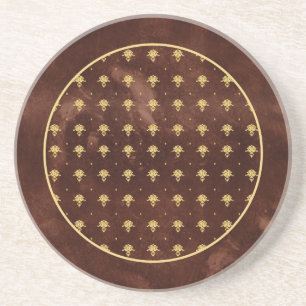 Vintage Leather Brown and Gold Damask Pattern Coaster
