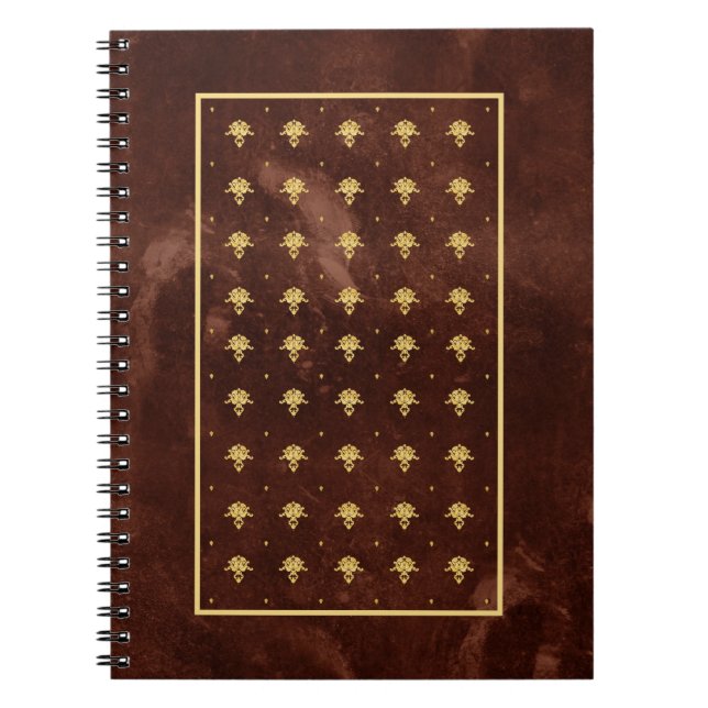 Vintage Leather Brown and Gold Damask Pattern Notebook (Front)