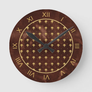 Vintage Leather Brown and Gold Damask Pattern Round Clock