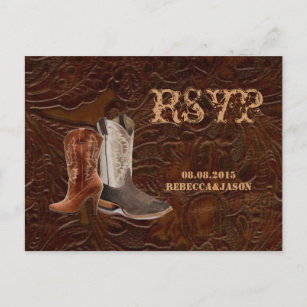 vintage leather cowboy boots country wedding RSVP Invitation Postcard
