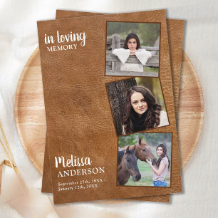 Vintage Leather Memorial Sympathy 3 Photo Funeral  Thank You Card