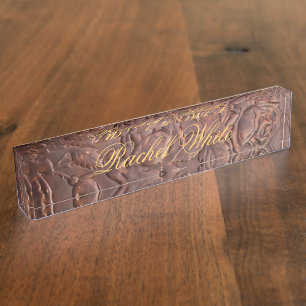 Vintage leather rose look nameplate