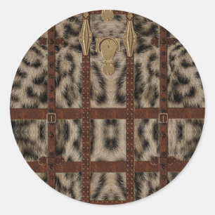 Vintage Leather Tribal Snow Leopard Animal Print Classic Round Sticker