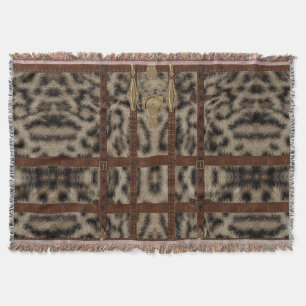 Vintage Leather Tribal Snow Leopard Animal Print Throw Blanket