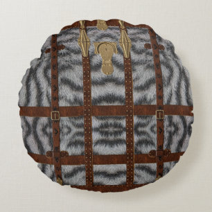 Vintage Leather Tribal White Tiger Animal Print Round Pillow