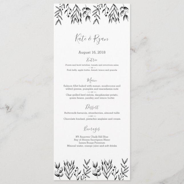 Vintage leaves gray Wedding Menu Card (Front)