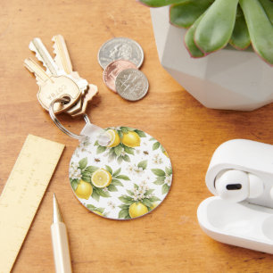 Vintage Lemon Blossom Pattern   Cottagecore Citrus Keychain