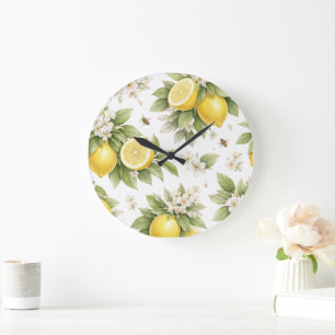 Vintage Lemon Blossom Pattern   Cottagecore Citrus Large Clock