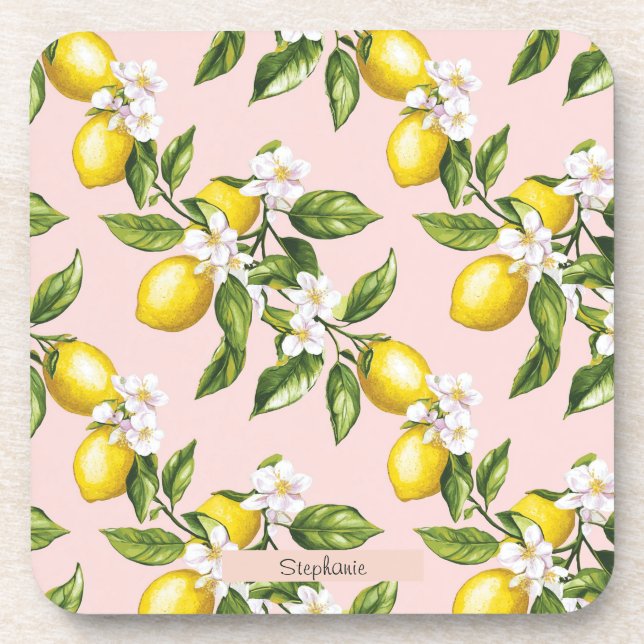 Vintage Lemon & Blossom Pattern on Pink (2) Coaster (Front)
