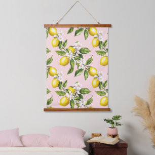 Vintage Lemon & Blossom Pattern on Pink (2) Hanging Tapestry